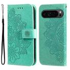 For Google Pixel 9 Pro 7-petal Flowers Embossing Leather Phone Case(Green) - 1