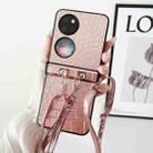 For Huawei P50 Pocket Crocodile Pattern Glitter Powder Shockproof Phone Case with Lanyard and Ring Holder(Rose Gold) - 1