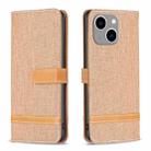 For iPhone 15 Plus Color Block Denim Texture Leather Phone Case(Brown) - 1