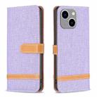 For iPhone 15 Plus Color Block Denim Texture Leather Phone Case(Purple) - 1