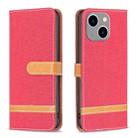 For iPhone 15 Plus Color Block Denim Texture Leather Phone Case(Red) - 1