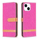 For iPhone 15 Color Block Denim Texture Leather Phone Case(Rose Red) - 1