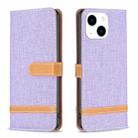 For iPhone 15 Color Block Denim Texture Leather Phone Case(Purple) - 1