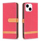 For iPhone 15 Color Block Denim Texture Leather Phone Case(Red) - 1