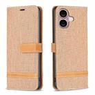 For iPhone 16 Plus Color Block Denim Texture Leather Phone Case(Brown) - 1