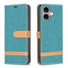 For iPhone 16 Plus Color Block Denim Texture Leather Phone Case(Green) - 1