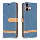 For iPhone 16 Plus Color Block Denim Texture Leather Phone Case(Dark Blue) - 1