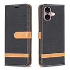 For iPhone 16 Plus Color Block Denim Texture Leather Phone Case(Black) - 1