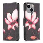 For iPhone 15 Plus Colored Drawing Pattern Flip Leather Phone Case(Lotus) - 1