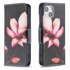 For iPhone 15 Colored Drawing Pattern Flip Leather Phone Case(Lotus) - 1