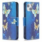 For iPhone 15 Colored Drawing Pattern Flip Leather Phone Case(Gold Butterfly) - 1