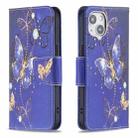 For iPhone 15 Colored Drawing Pattern Flip Leather Phone Case(Purple Butterfly) - 1