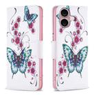 For iPhone 16 Colored Drawing Pattern Flip Leather Phone Case(Flowers Butterfly) - 1