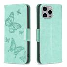 For iPhone 15 Pro Max Embossing Two Butterflies Pattern Leather Phone Case(Green) - 1