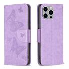 For iPhone 15 Pro Max Embossing Two Butterflies Pattern Leather Phone Case(Purple) - 1