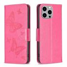 For iPhone 15 Pro Max Embossing Two Butterflies Pattern Leather Phone Case(Rose Red) - 1