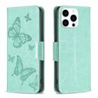 For iPhone 15 Pro Embossing Two Butterflies Pattern Leather Phone Case(Green) - 1