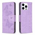 For iPhone 15 Pro Embossing Two Butterflies Pattern Leather Phone Case(Purple) - 1