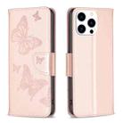 For iPhone 15 Pro Embossing Two Butterflies Pattern Leather Phone Case(Rose Gold) - 1