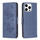 For iPhone 15 Pro Embossing Two Butterflies Pattern Leather Phone Case(Blue) - 1