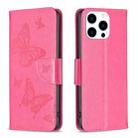 For iPhone 15 Pro Embossing Two Butterflies Pattern Leather Phone Case(Rose Red) - 1