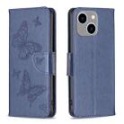 For iPhone 15 Plus Embossing Two Butterflies Pattern Leather Phone Case(Blue) - 1