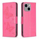 For iPhone 15 Plus Embossing Two Butterflies Pattern Leather Phone Case(Rose Red) - 1