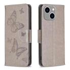 For iPhone 15 Plus Embossing Two Butterflies Pattern Leather Phone Case(Grey) - 1