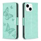 For iPhone 15 Embossing Two Butterflies Pattern Leather Phone Case(Green) - 1