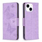 For iPhone 15 Embossing Two Butterflies Pattern Leather Phone Case(Purple) - 1