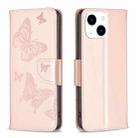 For iPhone 15 Embossing Two Butterflies Pattern Leather Phone Case(Rose Gold) - 1