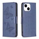 For iPhone 15 Embossing Two Butterflies Pattern Leather Phone Case(Blue) - 1