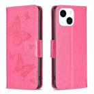 For iPhone 15 Embossing Two Butterflies Pattern Leather Phone Case(Rose Red) - 1