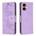 For iPhone 16 Embossing Two Butterflies Pattern Leather Phone Case(Purple) - 1