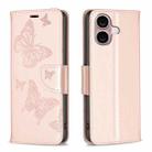 For iPhone 16 Embossing Two Butterflies Pattern Leather Phone Case(Rose Gold) - 1