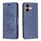 For iPhone 16 Embossing Two Butterflies Pattern Leather Phone Case(Blue) - 1