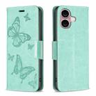 For iPhone 16 Plus Embossing Two Butterflies Pattern Leather Phone Case(Green) - 1