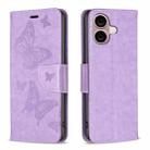 For iPhone 16 Plus Embossing Two Butterflies Pattern Leather Phone Case(Purple) - 1