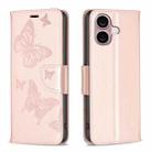 For iPhone 16 Plus Embossing Two Butterflies Pattern Leather Phone Case(Rose Gold) - 1