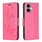 For iPhone 16 Plus Embossing Two Butterflies Pattern Leather Phone Case(Rose Red) - 1