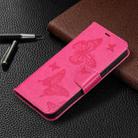 For iPhone 16 Plus Embossing Two Butterflies Pattern Leather Phone Case(Rose Red) - 2