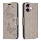 For iPhone 16 Plus Embossing Two Butterflies Pattern Leather Phone Case(Grey) - 1