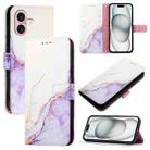 For iPhone 16 PT003 Marble Pattern Flip Leather Phone Case(White Purple LS006) - 1