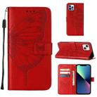 For iPhone 15 Plus Embossed Butterfly Leather Phone Case(Red) - 1