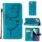 For iPhone 15 Plus Embossed Butterfly Leather Phone Case(Blue) - 1