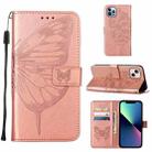 For iPhone 15 Plus Embossed Butterfly Leather Phone Case(Rose Gold) - 1