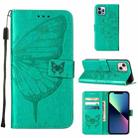 For iPhone 15 Plus Embossed Butterfly Leather Phone Case(Green) - 1