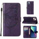 For iPhone 15 Embossed Butterfly Leather Phone Case(Dark Purple) - 1