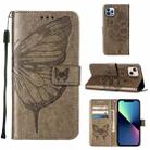 For iPhone 15 Embossed Butterfly Leather Phone Case(Grey) - 1