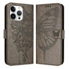 For iPhone 16 Pro Max Embossed Butterfly Leather Phone Case(Grey) - 1